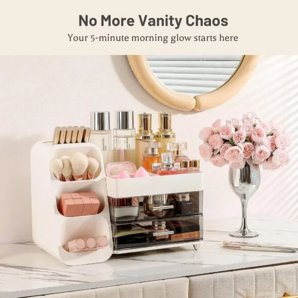 White Makeup Organizer with Drawers & Brush Holder for Vanity & Skincare Storage